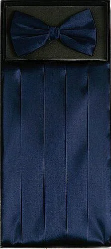 Navy Blue Silk Satin Cummerbund and Bow Tie Set