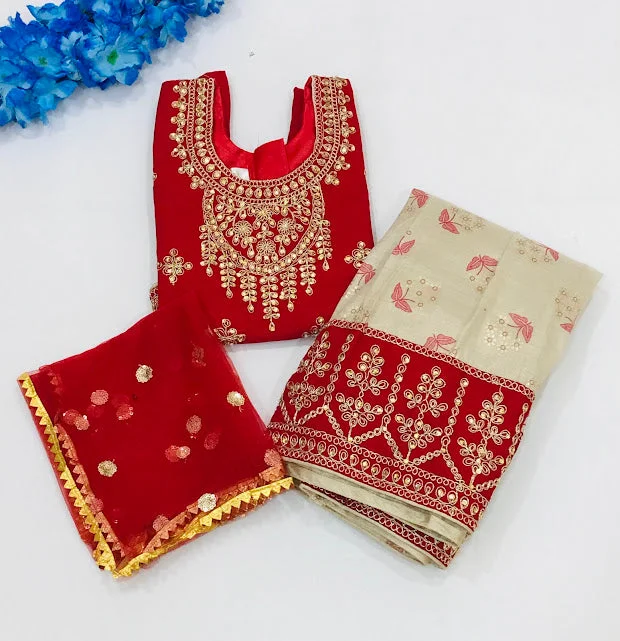 Delightful Red Colored Embroidery And Stone Work Silk Choli Sets For Girls