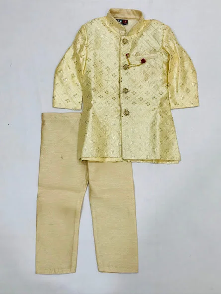 Attractive Sandal Colored Sherwani With Designer Brooch Pin Attached For Boys