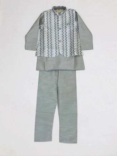 Appealing Gray Colored Silk Cotton Kurta Jacket With Pajama Pant Sets For Boys