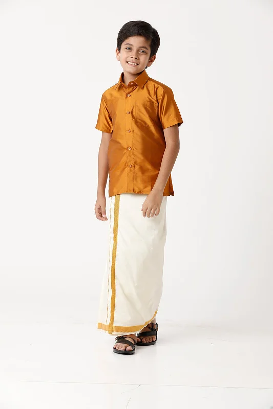 Versatile Itinerary Rising Star - Mustard Yellow Matching Fixit Dhoti and Shirt 2 in 1 Set For Kids | Uathayam Versatile Itinerary Rising Star - Mustard Yellow Matching Fixit Dhoti and Shirt 2 in 1 Set For Kids | Uathayam
