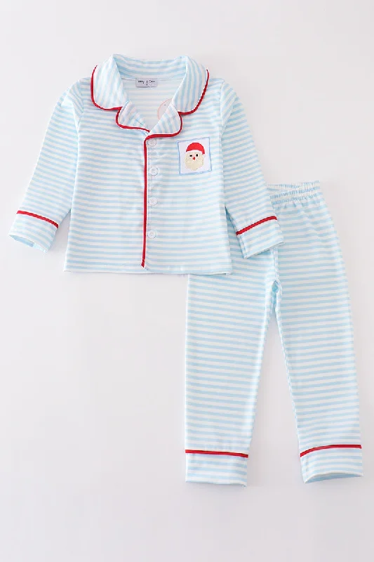 Blue stripe christmas santa claus embroidery boy pajamas set