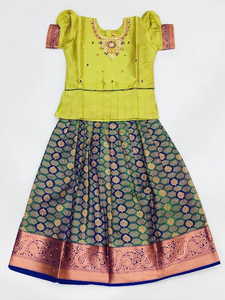 Attractive Green Colored Silk Embroidery Work Langa Sets For Girls