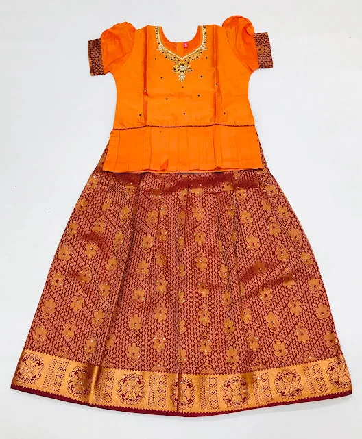 Attractive Orange Colored Silk Embroidery Work Langa Sets For Girls