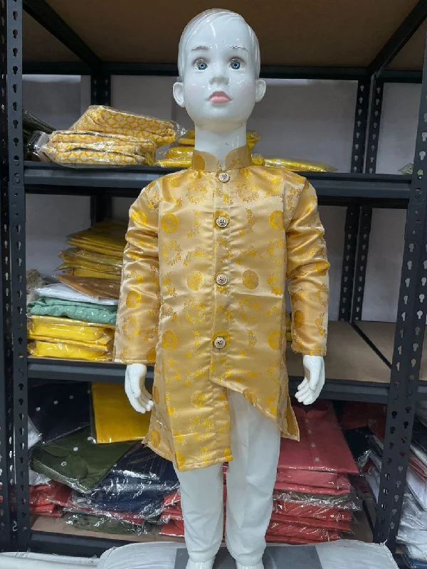 Dazzling Yellow Colored Jacquard Kurta Pajama Sets For Boys