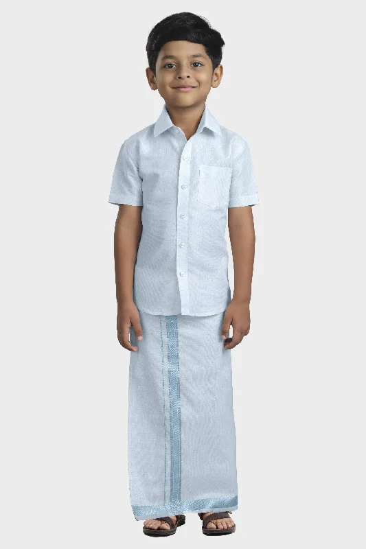 Fashion Concept Vaibhav - Cyan Blue Tissue Shirt and Dhoti 2 in 1 Set For Kids | Uathayam Fashion Concept Vaibhav - Cyan Blue Tissue Shirt and Dhoti 2 in 1 Set For Kids | Uathayam