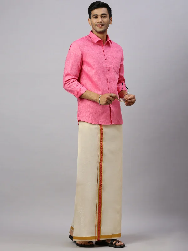 Men Macho Pink Colour Shirt & Matching Border Tissue Dhoti Set CCB