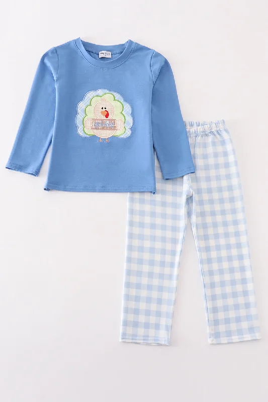 Blue turkey applique boy set