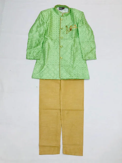 Gorgeous Pista Green Colored Silk Cotton Kurta With Pajama Pant Sets For Boys