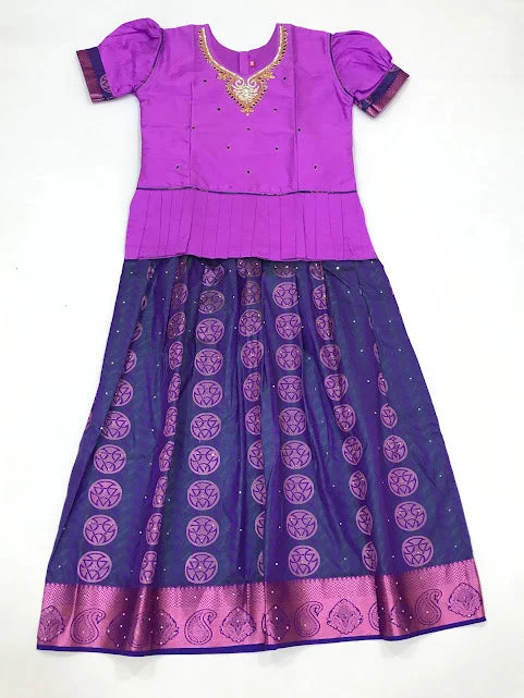 Appealing Violet Colored Silk Embroidery Work Langa Sets For Girls