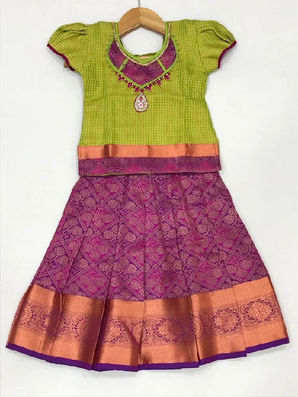 Gorgeous Green Color Silk Langa Set For Girls