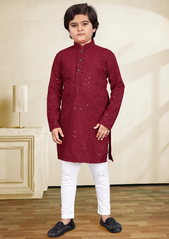 Stunning Maroon Color Kid's Rayon Embroidery Sequins Work Kurta With Pajama Pant