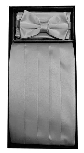 Silver Poly Satin Cummerbund, Bow Tie, and Hanky Set