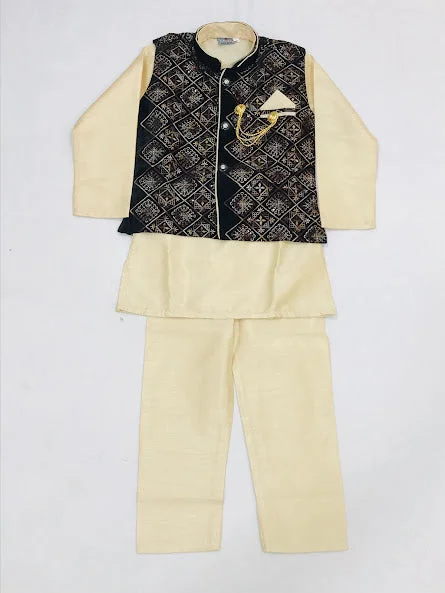 Attractive Black Colored Sherwani And Pajama Pant Sets With Brooch Pin For Boys