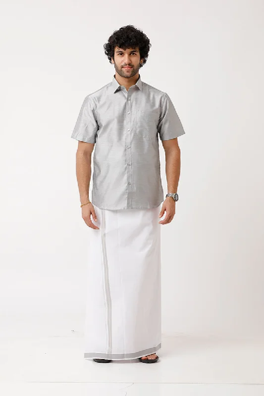 Exquisite Details Divine - Gray Matching Shirt and Single Dhoti Set For Men | Uathayam Exquisite Details Divine - Gray Matching Shirt and Single Dhoti Set For Men | Uathayam