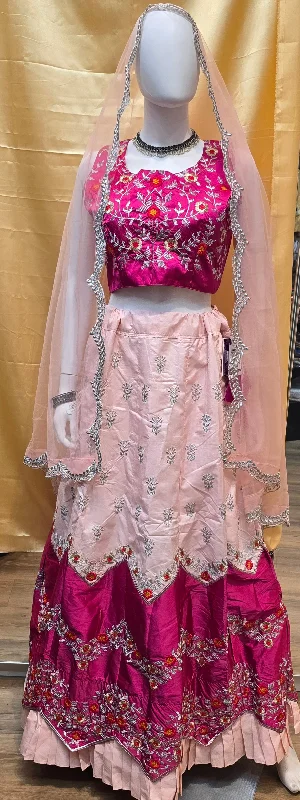 Stunning pink Color Party Wear Zari Embroidery Work Satin Lehenga Choli For Women