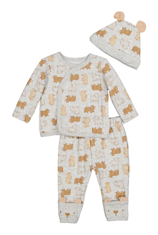 Baby Boys 0-9M Bear Print Kimono with Footed Pants and Beanie