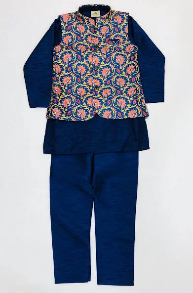 Gorgeous Blue Colored Silk Cotton Kurta Jacket With Pant Sets For Boys