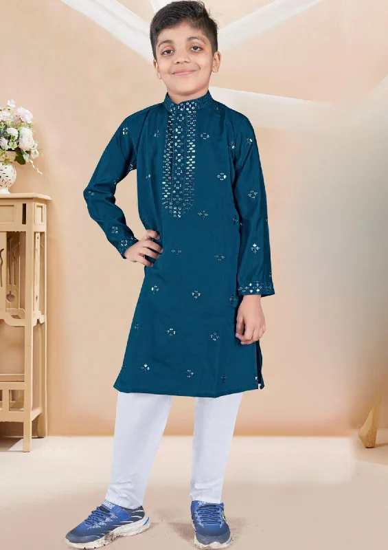 Stunning Teal Blue Colored Sequence Work Kurta And Pajama Pant