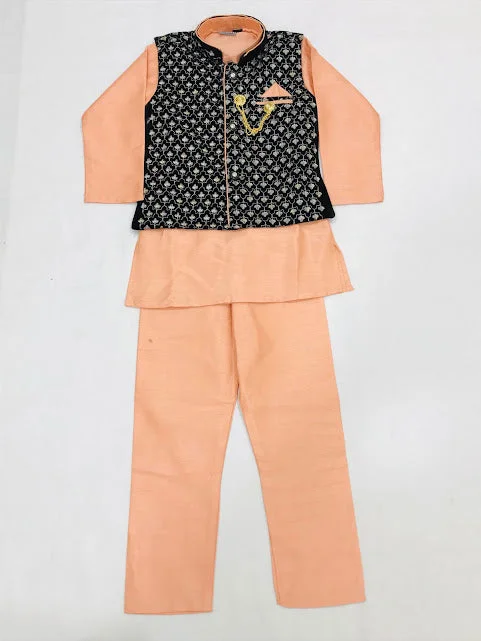 Elegant Pink Color Sherwani Brooch Pin Jacket With Pajama Pant For Boys