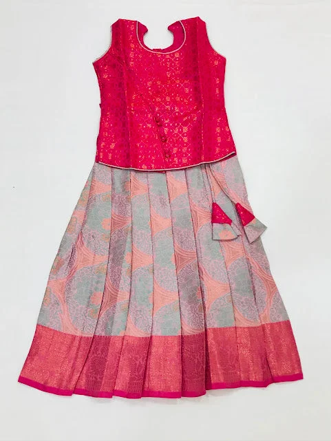 Delightful Pink Colored Sleeveless Silk Langa Sets For Girls