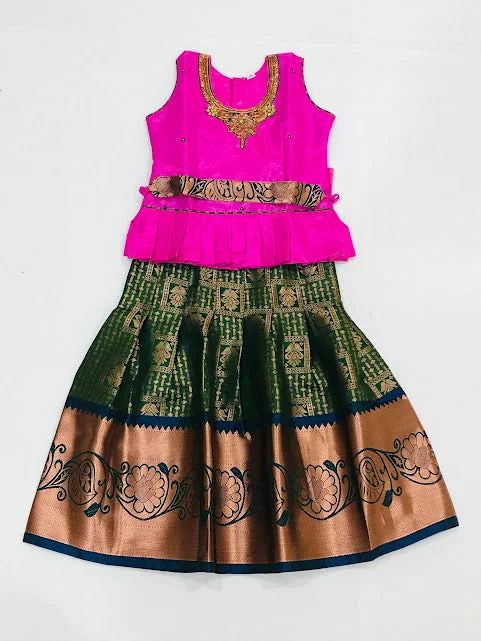 Attractive Pink Colored Silk Embroidery And Stone Work Langa Sets For Girls