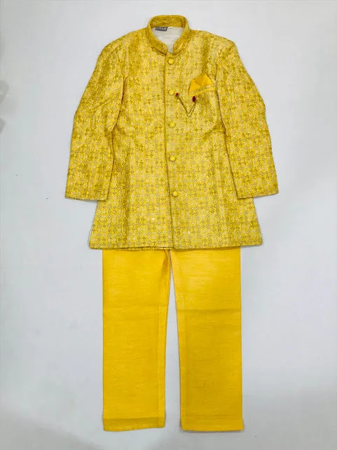 Attractive Yellow Colored Silk Cotton Kurta With Pajama Pant Sets For Boys