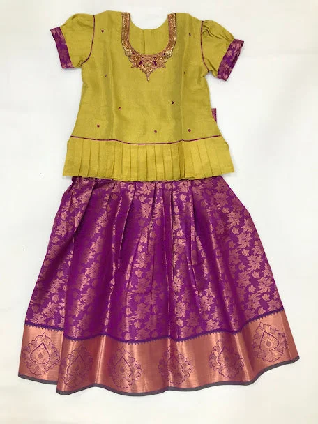 Gorgeous Embroidery And Stone Work Green Color Silk Langa Sets For Girls