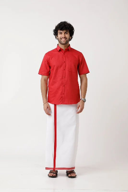 Comfortable Wear Varna - Soft Red Matching Shirt and Single Dhoti Set For Men | Uathayam