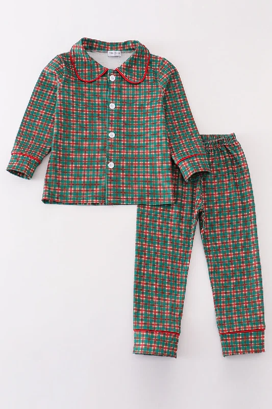 Green plaid boy pajamas set