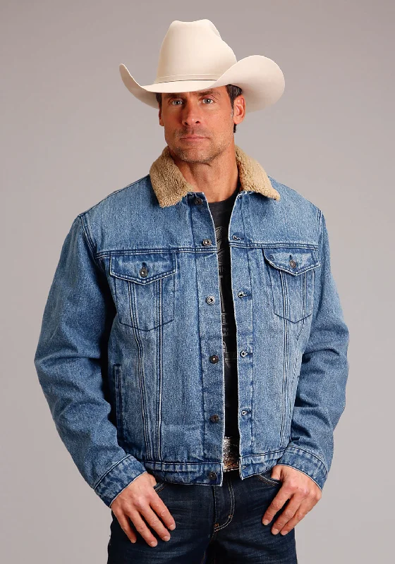 Classic Style Stetson Mens Faux Sherpa Blue 100% Cotton Denim Jacket