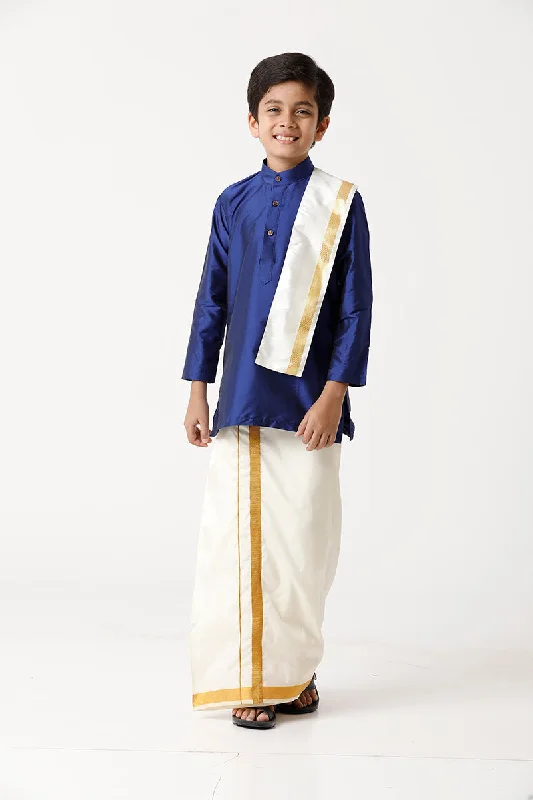 Fashionable Items Rising Ideal - Blue Kurta and Matching Fixit Dhoti With Towel 3 in 1 Set For Kids | Uathayam Fashionable Items Rising Ideal - Blue Kurta and Matching Fixit Dhoti With Towel 3 in 1 Set For Kids | Uathayam