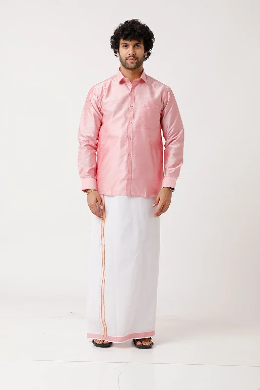High-end Wear Divine - Pink Matching Shirt and Single Dhoti Set For Men | Uathayam High-end Wear Divine - Pink Matching Shirt and Single Dhoti Set For Men | Uathayam