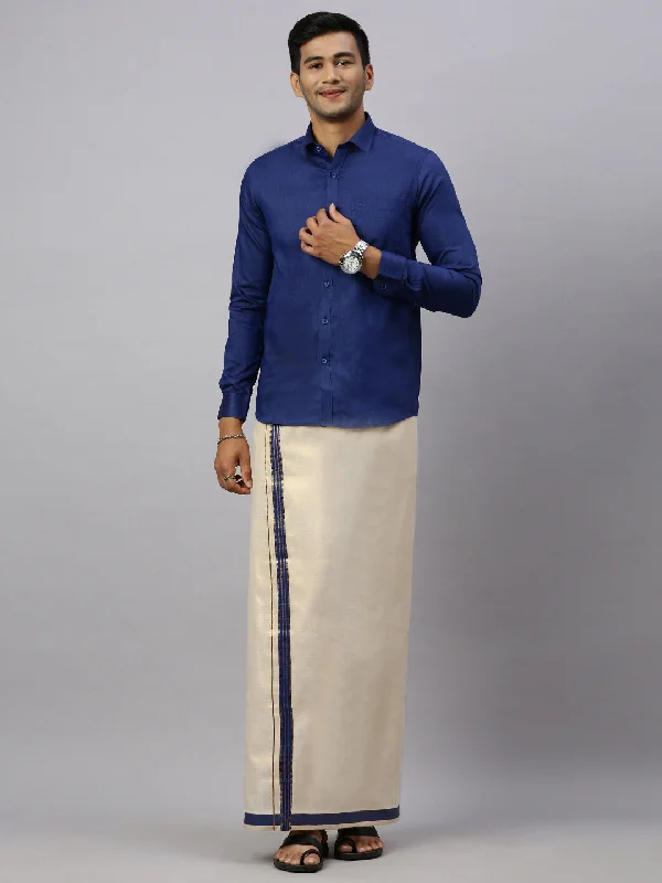 Men Macho C.Blue Colour Shirt & Matching Border Tissue Dhoti Set CCB