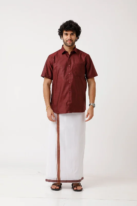 Simple Design Divine - Blood Red Matching Shirt and Single Dhoti Set For Men | Uathayam Simple Design Divine - Blood Red Matching Shirt and Single Dhoti Set For Men | Uathayam
