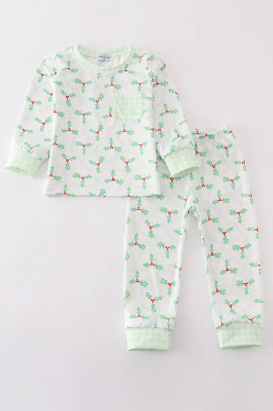 Green christmas holly print boy set