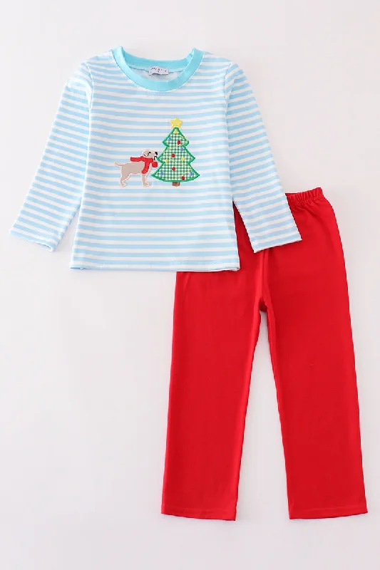 Blue stripe christmas tree puppy applique boy set