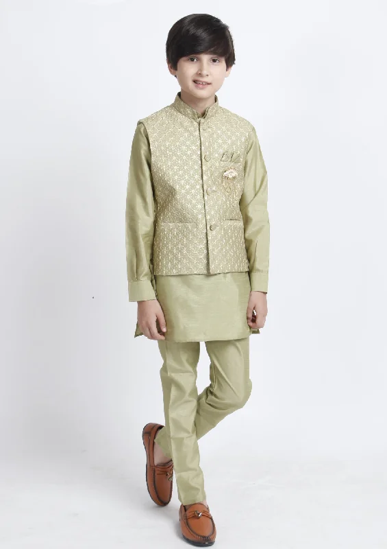 Alluring Light Green Color Silk Cotton Kid's Kurta With Embroidery Jacket And Pant