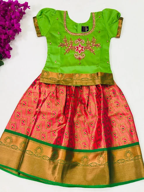 Gorgeous Green And Pink Color Designer Kids Silk Langa Set