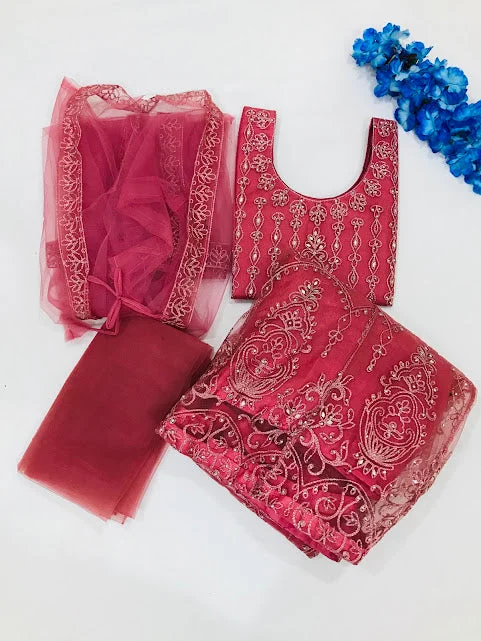 Attractive Pink Colored Net Embroidery And Stone Work Choli Sets For Girls