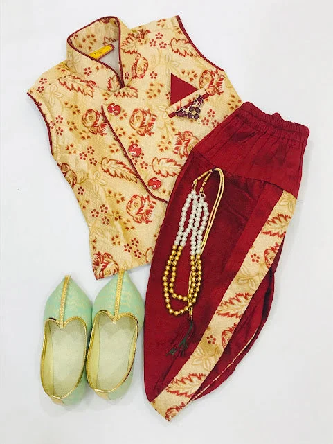 Gorgeous Maroon Colored Silk Cotton Boys Sherwani Juttis With Brooch Pin And Pearl Mala