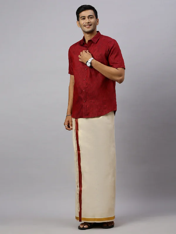 Men Macho Maroon Colour Shirt & Matching Border Tissue Dhoti  Set CCB