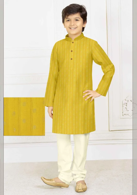 Gorgeous Yellow Color Designer Poly Blended Kurta Pajama Set For Kids