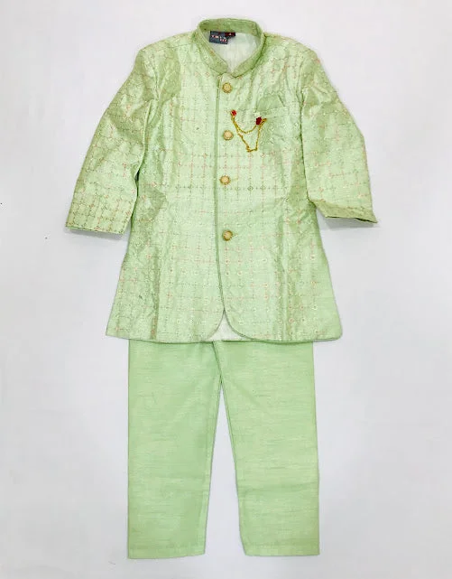 Attractive Pista Green Colored Silk Cotton Kurta With Pajama Pant For Boys