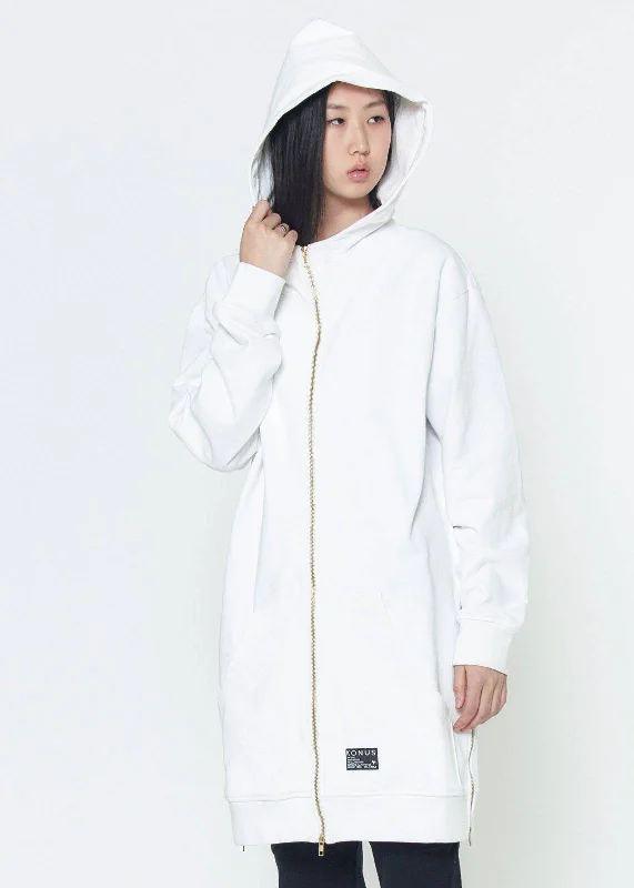 Konus Unisex Long Hoodie With Two Way Zipper  in White