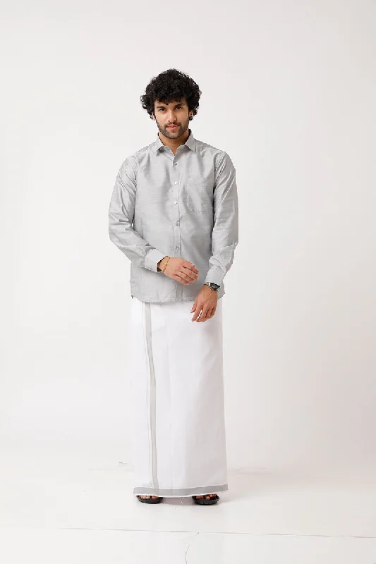 Unique Fashion Divine - Gray Matching Shirt and Single Dhoti Set For Men | Uathayam Unique Fashion Divine - Gray Matching Shirt and Single Dhoti Set For Men | Uathayam