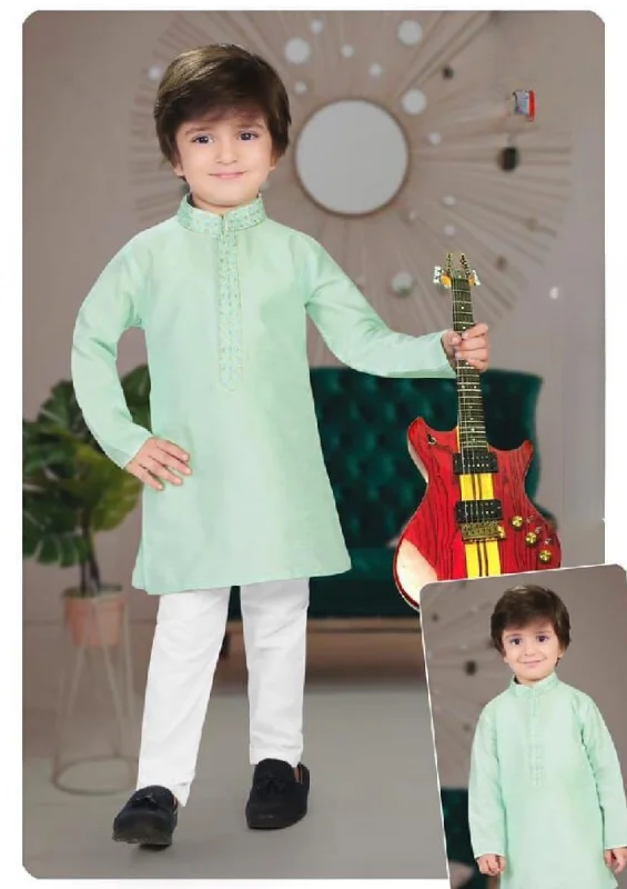 Enchanting Light Green Color Embroidery Kurta Pajama Set For Kids