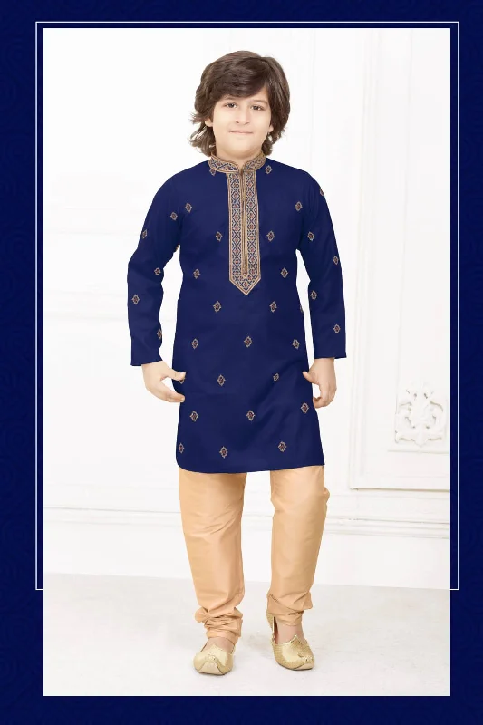 Charming  Navy Blue Color Poly Cotton Embroidery Kurta Set With Pajama Pant For Kids