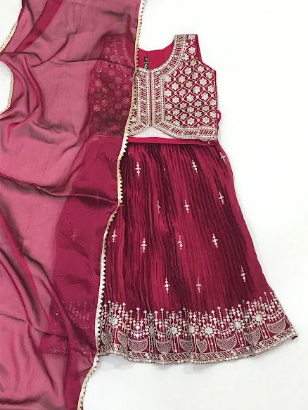 Prettiest Maroon Colored Embroidery Sequins Work Lehenga Choli Sets For Girls