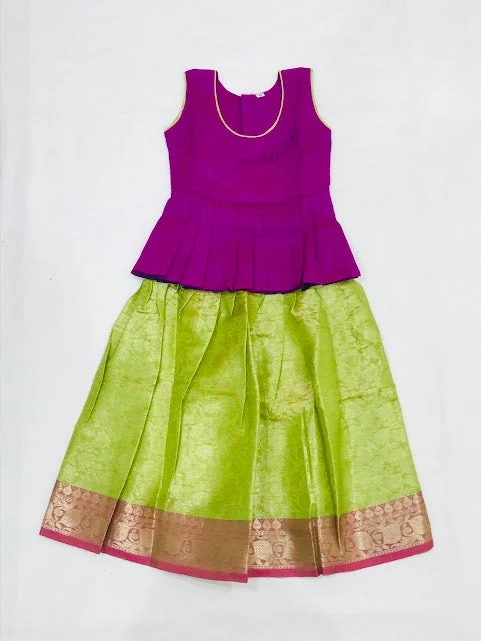 Attractive Purple Colored Silk Langa Sets For Girls